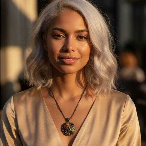 Vintage Handmade Artistic Copper & Amber Look Rhinestone Medallion Necklace - Picture 2 of 4